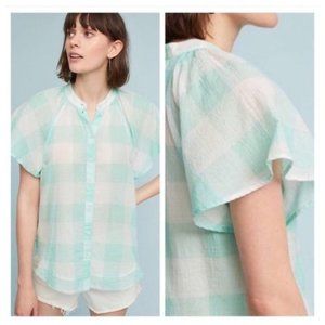 Shirt by Anthropologie Maeve Flutter Sleeve Gingham Plaid Print Top